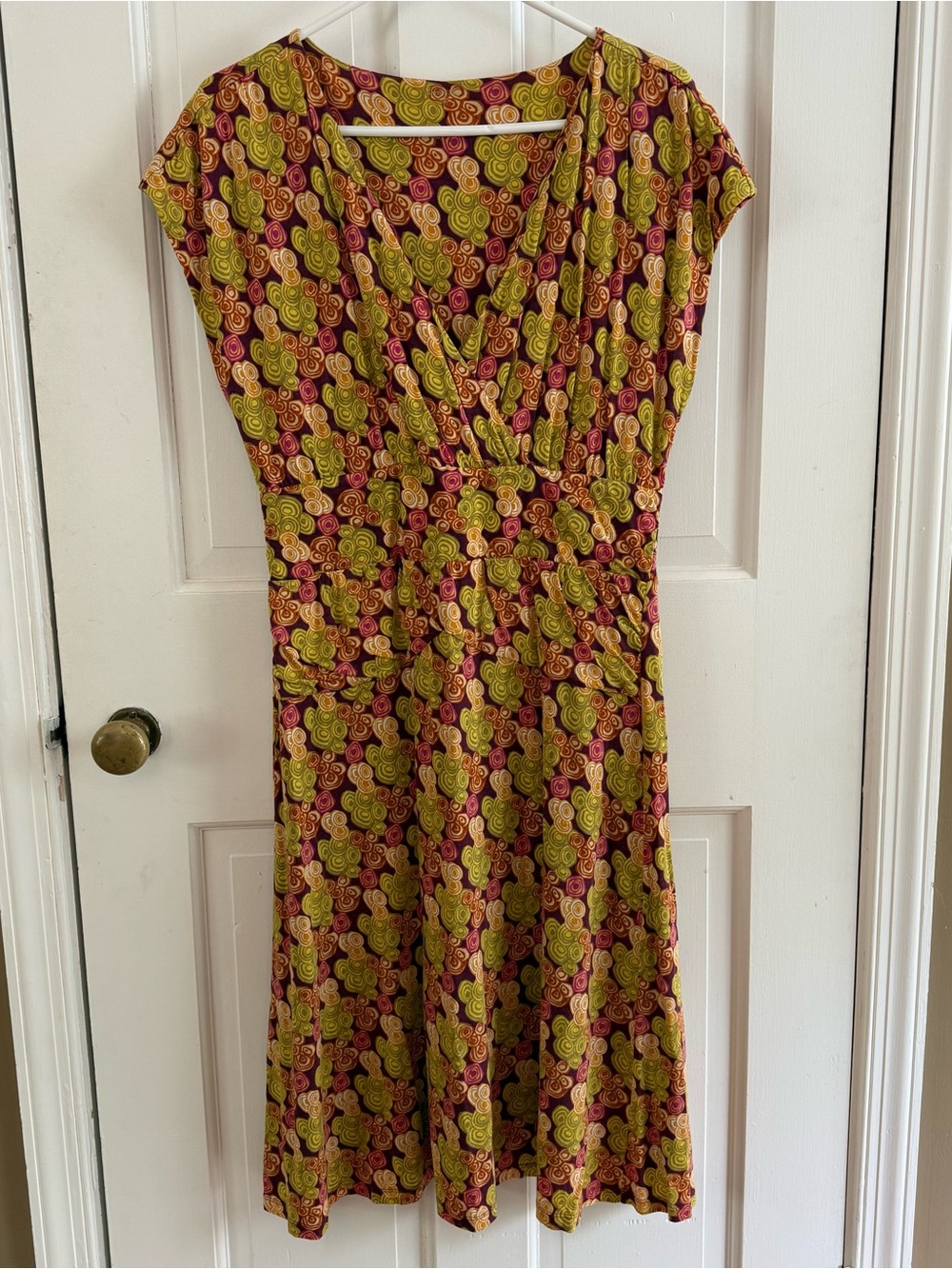 Garnet Hill Floral Surplice Midi Dress in Olive Green and Burgundy - Size M.